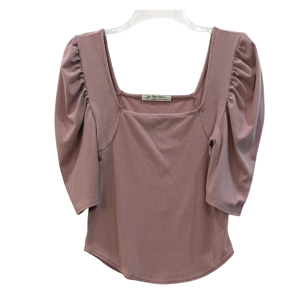 We The Free Free People Rose Ribbed Square Neck Puff Sleeve Top Large